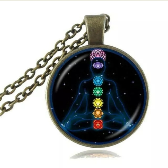 Gold Meditation Chakra Glass Pendant Ohm Healing - Picture 1 of 1